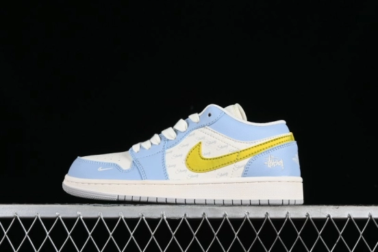 Nike Air Jordan 1 Low Stussy Collaboration - Blue Gold Custom High-End Basketball Shoes - WG8850-007