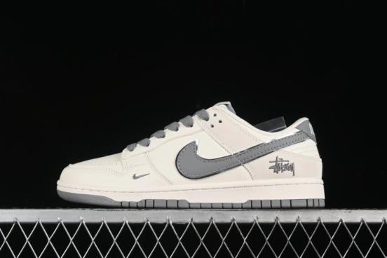Nike SB Dunk Low Stussy Collaboration - Off White Dark Grey Swoosh Anniversary Custom Low-Top Casual Skate Shoes - DQ1098-382