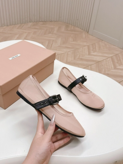 2025 Women Miu Miu Pink Black Fabric Leather Ballet Flats