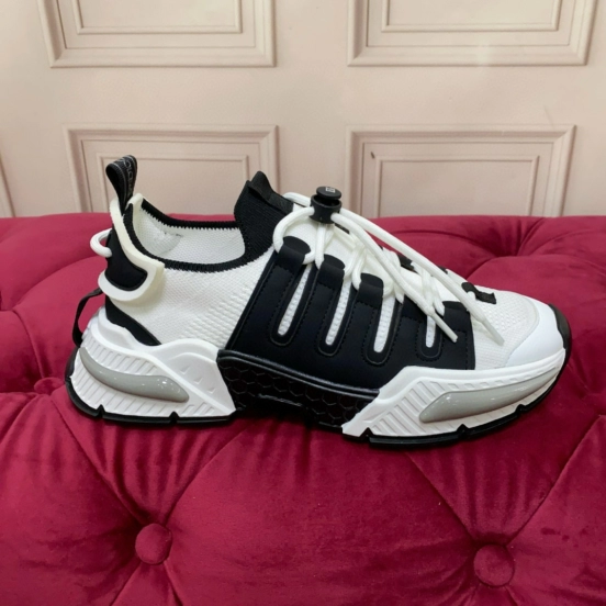 2024 Unisex Dolce & Gabbana Black White Knit Leather Sneakers MJ00340