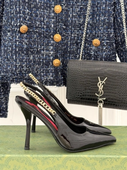2025 Women Gucci Black Patent Leather Slingback High Heel Chain Detail