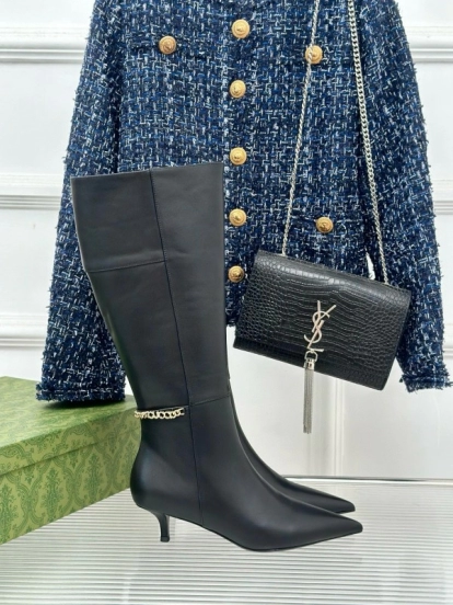 2024 Women YSL Black Leather Boots Chain Detail