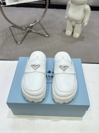 2025 Women Prada White Leather Slip-On Loafers