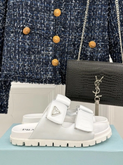 2025 Women Prada White Leather Slippers KFY00240