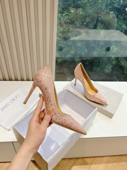 2025 Women Jimmy Choo Pink Glitter Leather Pointed Toe Pumps KFY00280