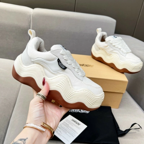 2025 Unisex HEYDAY White Brown Canvas Leather Wave Sneakers KFY00260