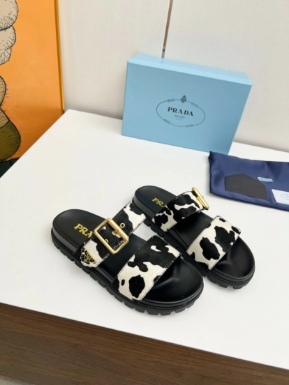 2025 Women Prada Black White Calf Hair Leather Sandals LY00260