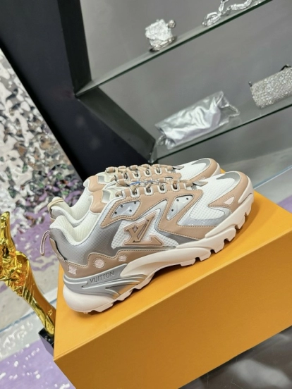 2025 Men Louis Vuitton Gradient Color Beige White Mesh Leather Sneakers MJ00420
