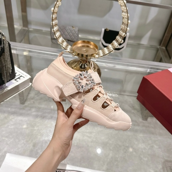 2025 Women Roger Vivier Pink Knit Suede Sneakers Crystal Buckle LY00300