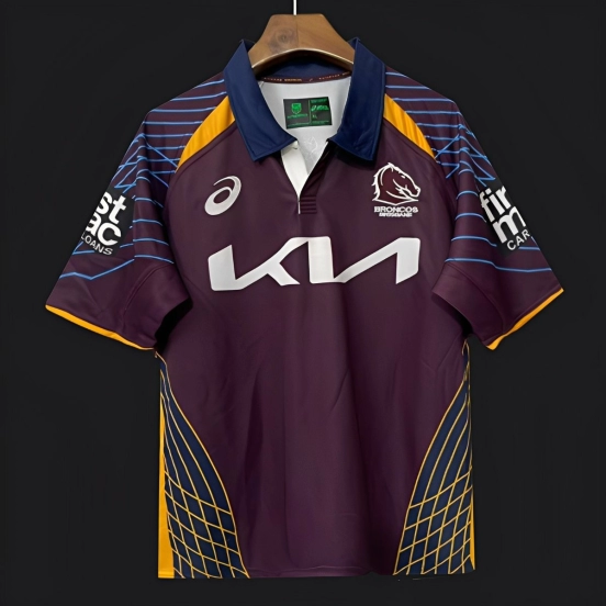 25/26 Brisbane Broncos Maroon with Blue Striped Sleeves and Gold Geometric Jersey